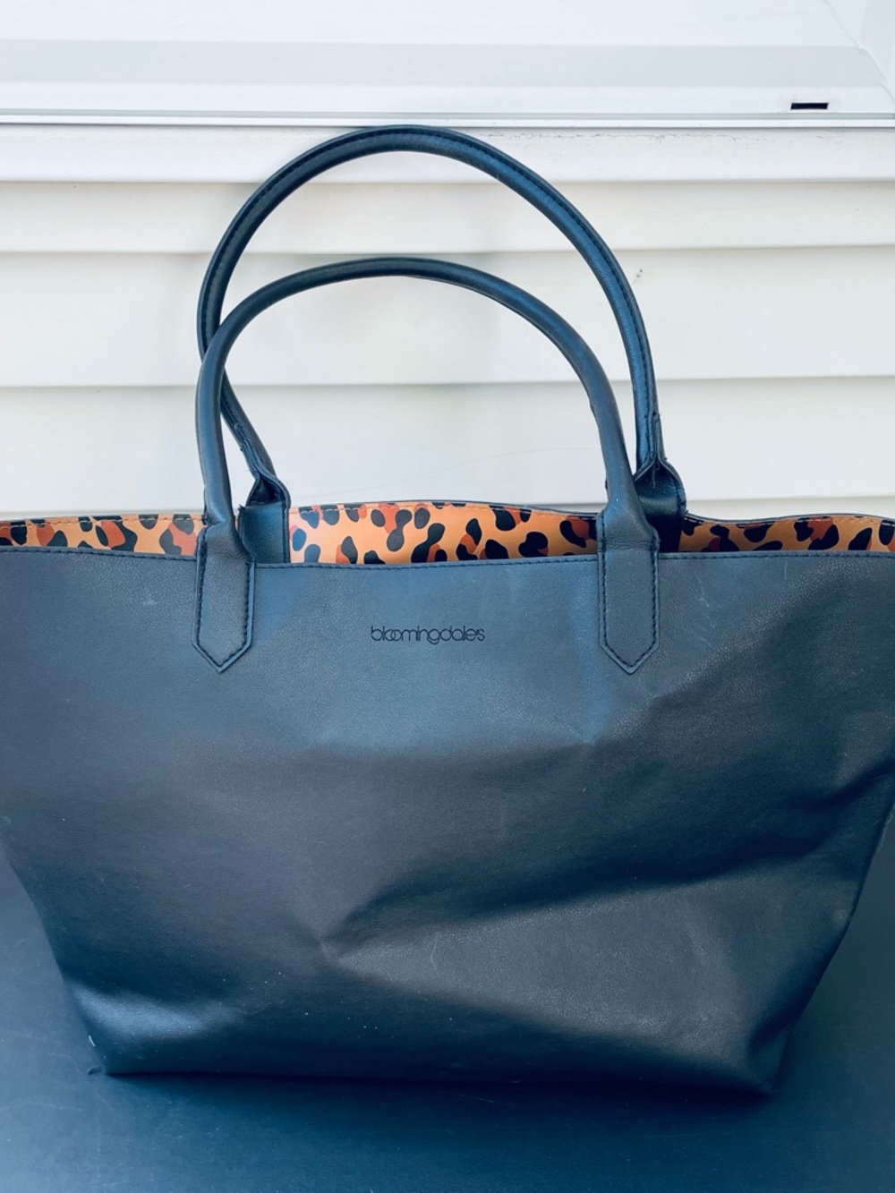 Bloomingdale's Reversible Black Faux leather or Leopard print tote bag